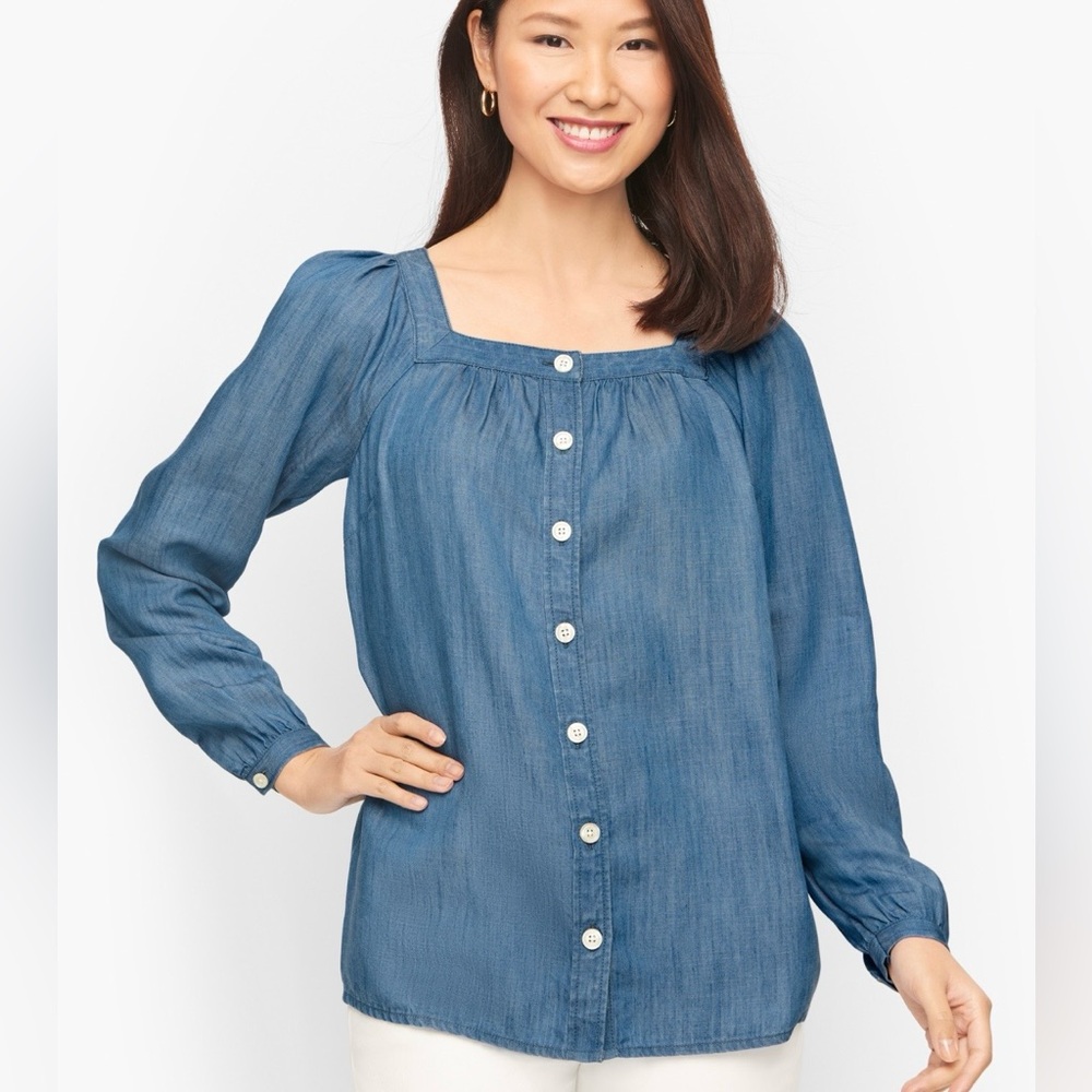 Talbots Chambray Square Neck Button Down Blouse S… - image 1